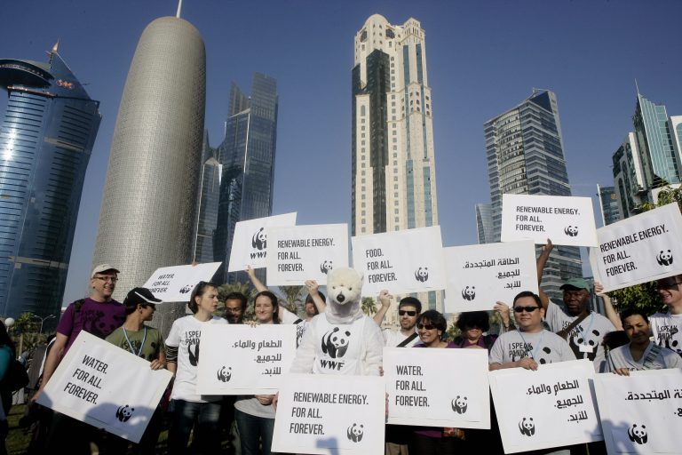   Local and international activists march to demand urgent action to address climate change at the U.N. climate talks in Doha, Qatar, Saturday , Dec. 1, 2012. (AP Photo/Osama Faisal)  