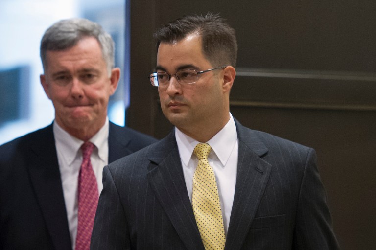 Bryan Pagliano, a former State Department employee who helped set up and maintain a private email server used by Hillary Rodham Clinton, arrives on Capitol Hill in Washington, Thursday, Sept. 10, 2015, to give his deposition to a House panel on the Benghazi investigation. (AP Photo/Cliff Owen)