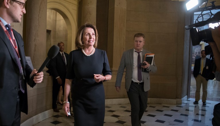 House Minority Leader Nancy Pelosi, D-Calif., leaves a meeting with Speaker of the House Paul Ryan, R-Wis., and members of the Congressional Hispanic Caucus, hoping to construct a legislative replacement for the Deferred Action for Childhood Arrivals program. (AP Photo/J. Scott Applewhite)