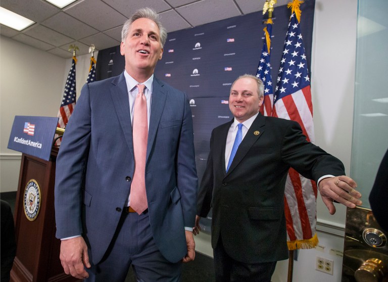 House Majority Leader Kevin McCarthy of California, Majority Whip Steve Scalise of Louisiana asked their colleagues to dig in to their coffers for the purpose of maintaining the Republican majority in the lower chamber. (AP Photo/J. Scott Applewhite)