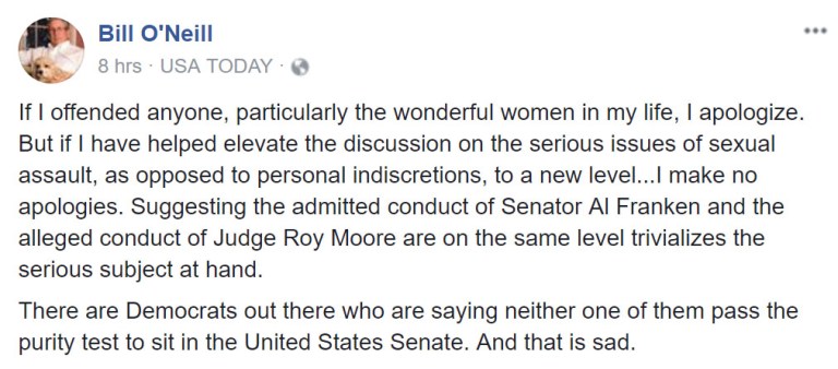 O'Neill indicated Saturday that he regrets potentially trivializing serious sexual assault allegations. (Screengrab)