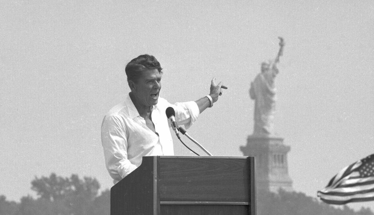 Republican presidential nominee Ronald Reagan gave a speech on Labor Day in 1980 from Liberty State Park in New Jersey, with the Statue of Liberty in the background. The speech, in which he twice employs the phrase 