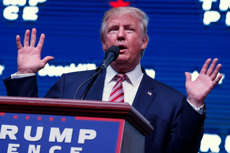 Republican presidential candidate Donald Trump slammed the media for ignoring the damaging information about his opponent found in the latest WikiLeaks email dump. (AP Photo/ Evan Vucci)