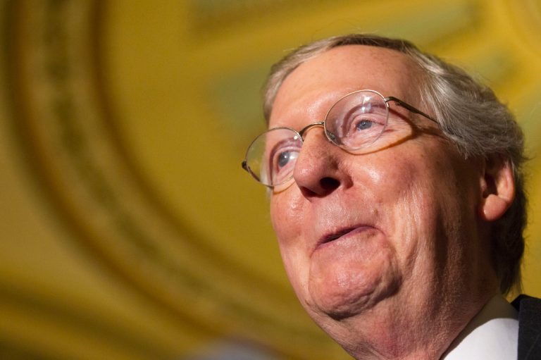 Senate Minority Leader Mitch McConnell, R-Ky., speaks to reporters as lawmakers brokered a deal over filibusters of White House appointees on Capitol Hill in Washington on Tuesday. (AP Photo/Jacquelyn Martin)