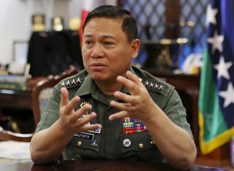 Philippine Military Chief Emmanuel Bautista gestures during an interview at Camp Aquinaldo military headquarters in suburban Quezon city, north of Manila, Philippines on Thursday, Feb. 20, 2014. Bautista says Beijingâs territorial claims in the South China Sea are ânonsenseâ and vowed to defend fishermen if they face intimidation by Chinese naval forces in the waters.(AP Photo/Aaron Favila)