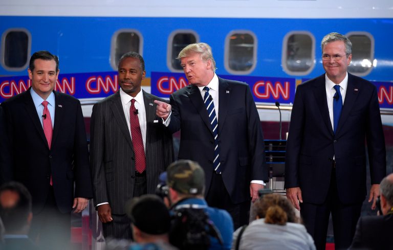 Republican presidential candidates, from left, Sen. Ted Cruz, Ben Carson, Donald Trump, and former Florida Gov. Jeb Bush in Simi Valley, Calif. (AP Photo/Mark J. Terrill)