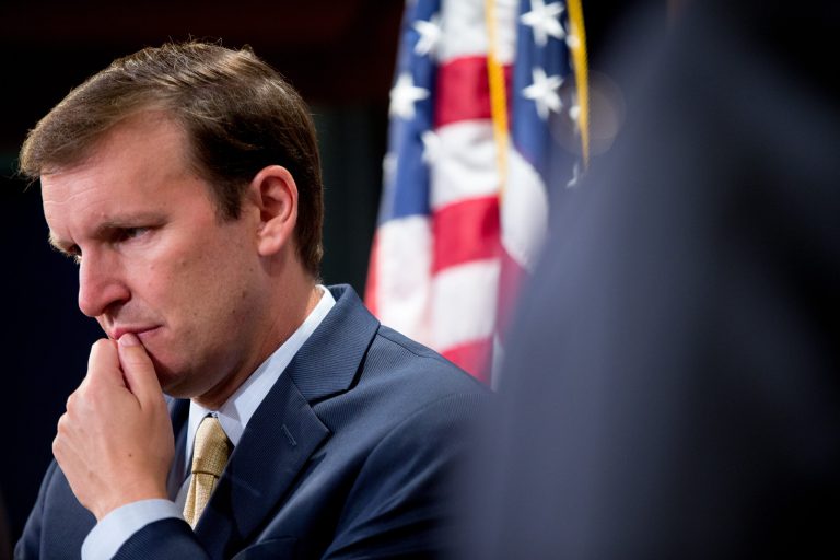 Sen. Chris Murphy, D-Conn., attends a press conference on the positive affects of the Affordable Care Act as the Senate convenes for a Sunday session on Capitol Hill in Washington, Sunday, July 26, 2015. On the Senate's agenda is an effort to repeal President Barack Obama's health care law. (AP Photo/Andrew Harnik)