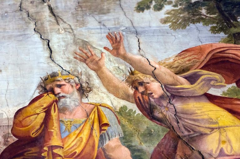 Cracks mark the frescoed ceilings of the Carracci Gallery in the Farnese Palace that hosts the French Embassy in Rome, Wednesday, Feb. 26, 2014. The World Monuments Fund Europe will allocate some 800 million Euros for the restoration of the about 140 square meters of 16th century frescoes by Annibale and Agostino Carracci that will begin mid March and are expected to be completed in 2015. (AP Photo/Domenico Stinellis)