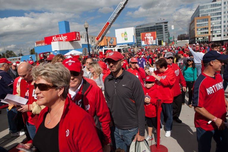 Fans arrive at Nationals Park for the Nats' home playoff debut against the St. Louis Cardinals. (Graeme Jennings/Examiner)