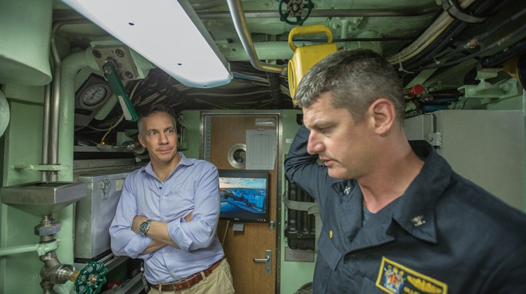 CNN Chief National Security Correspondent Jim Sciutto with Commodore Ollie Lewis, head of Submarine Squadron 12, aboard the attack submarine Missouri. (Jeremy Moorhead/CNN)