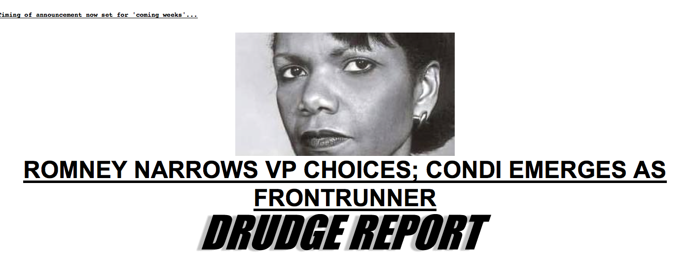 After Drudge report, Conservatives dismiss idea of Condoleezza Rice for Vice President