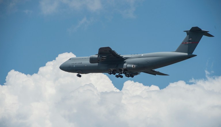 The Air Force provided no details about the nature the malfunction of the nose landing gear except to say it was the second failure in the past 60 days. (AP Photo/Mike Stewart)