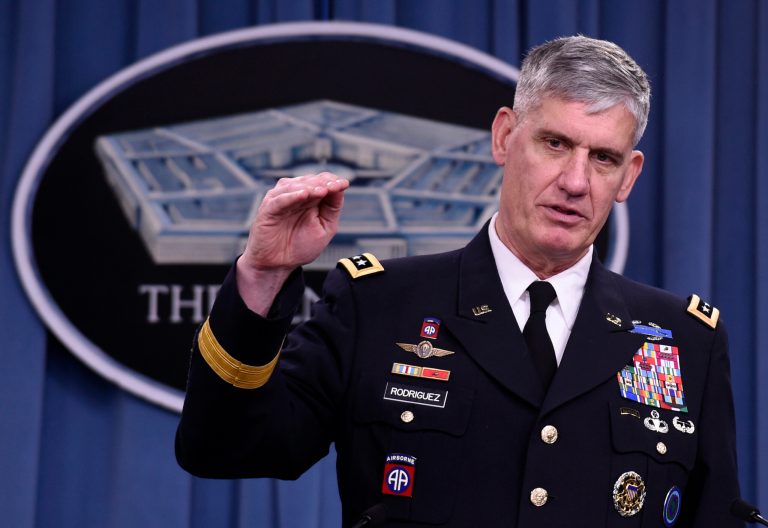 US Africa Commander Gen. David Rodriguez gestures during a news conference at the Pentagon, Tuesday, Oct. 7, 2014, to discuss the US military response to the Ebola crisis in West Africa. (AP Photo/Susan Walsh)