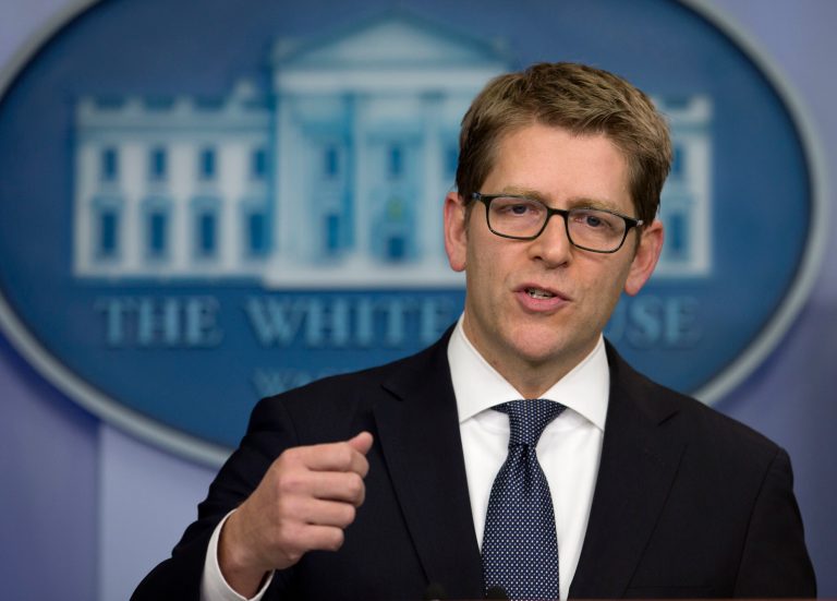White House press secretary Jay Carney gestures as he speaks during the daily briefing at the White House in Washington, Monday, Jan. 27, 2014. Carney discussed Syria, security for the Sochi Olympics, and other topics. (AP Photo/Carolyn Kaster)