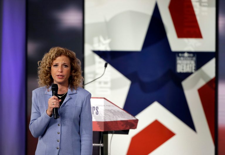 Democratic National Committee chair, Congresswoman Debbie Wasserman Schultz speaks before a Democratic presidential primary debate, Saturday, Nov. 14, 2015, in Des Moines, Iowa. (AP Photo/Charlie Neibergall)