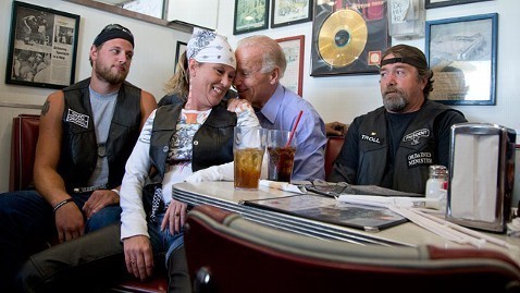 Vice President Joe Biden cozied up with a female biker during a Cruisers Diner in Seaman, Ohio during the reelection campaign last year. AP Photo.