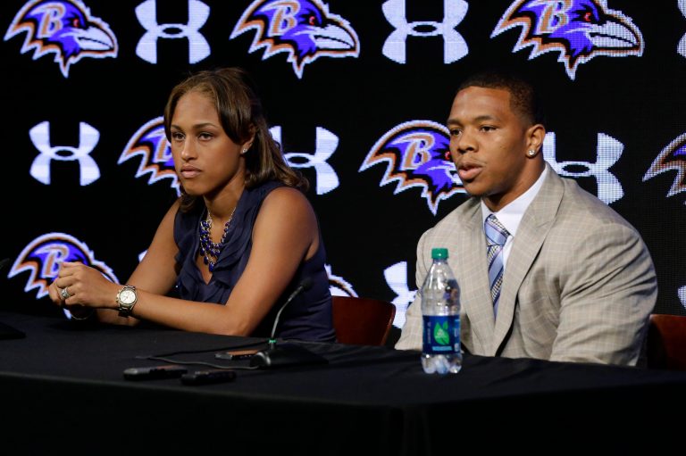Baltimore Ravens running back Ray Rice, right, speaks alongside his wife Janay during an NFL football news conference May 23 in Owings Mills, Md. (AP/Patrick Semansky)