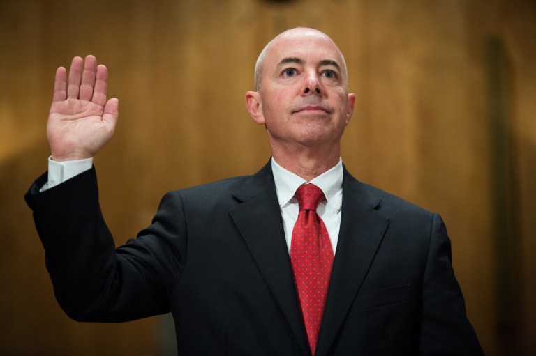 Alejandro Mayorkas is sworn in at his confirmation hearing as nominee for Secretary of Homeland Security on Capitol Hill on Thursday. 