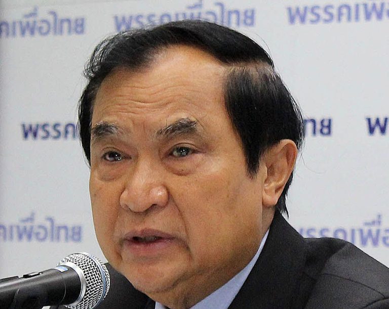 In this undated photo, former Thai Interior Minister and former leader of Pheu Thai Party Charupong Reuangsuwan speaks at a news conference at the party headquarters in Bangkok, Thailand. Charupong established a group in exile to oppose the military regime and said Tuesday, June 24, 2014 in an open letter read on YouTube and posted on Facebook that the Organization of Free Thais for Human Rights and Democracy rejects the junta's legitimacy. (AP Photo)