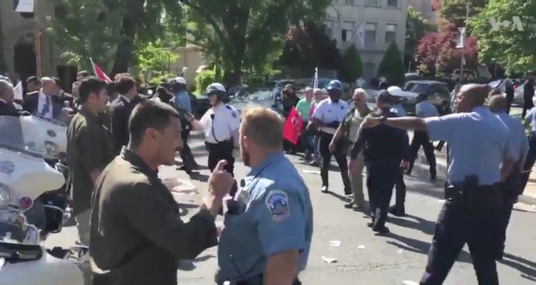 A fight broke out between supporters and critics of Turkish President Recep Tayyip Erdogan, according to multiple reports, on the same day he met with President Trump at the White House. (Image courtesy screenshot)