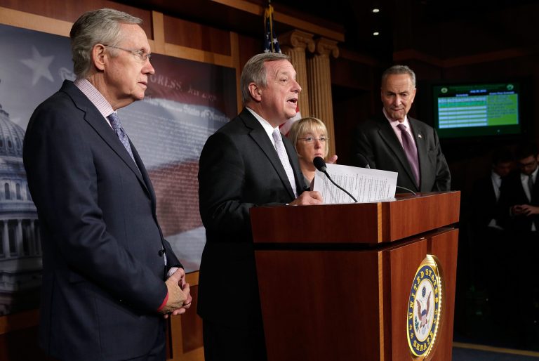 Sen. Richard Durbin (D-IL) (C) speaks during a press conference with Sen. Harry Reid (D-NV) (L), Sen. Patty Murray (D-WA) (2nd R) and Sen. Charles Schumer (D-NY) (R) at the U.S. Capitol July 25 in Washington, DC. Members of the Democratic leadership held the press conference to call for passage of the Transportation, Housing and Urban Development, and Related Agencies Appropriations bill.  (Win McNamee/Getty Images)