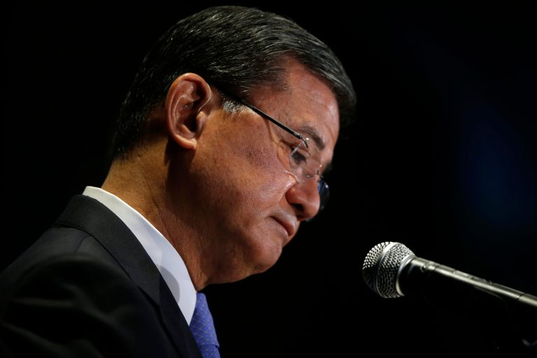 Veterans Affairs Secretary Eric Shinseki pauses while speaking at a meeting of the National Coalition for Homeless Veterans, Friday, May 30, 2014, in Washington. President Barack Obama says he plans to have a 