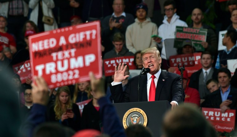 President Trump speaks at a campaign-style rally at the Pensacola Bay Center, in Pensacola, Fla., Friday, Dec. 8, 2017. (AP Photo/Susan Walsh)