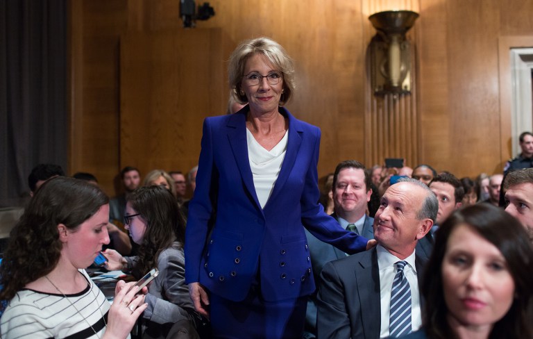 The Senate is set for a showdown at noon Tuesday that will likely see Betsy DeVos confirmed as the secretary of education by the slimmest of margins with the help of Vice President Mike Pence, who is expected to cast a tie-breaking vote. (Graeme Jennings/Washington Examiner)