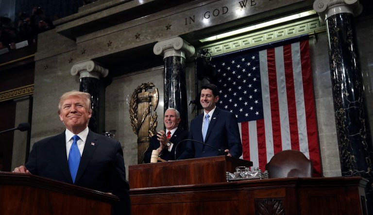 President Donald Trump pauses as delivers his first State of the Union address in the House chamber of the U.S. Capitol to a joint session of Congress Tuesday, Jan. 30, 2018 in Washington. (Win McNamee/Pool via AP)