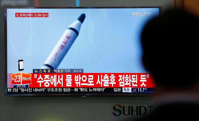 The launch was monitored by South Korea off the northeastern coast of the Korean Peninsula. (AP Photo/Lee Jin-man)