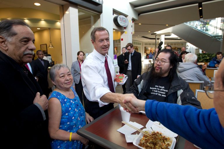 Maryland Gov. Martin O'Malley shakes hands with customers at the Mall in Columbia, Md, after the mall was reopened to the public on Monday, Jan. 27, 2014. Three people died Saturday in a shooting at a mall in suburban Baltimore, including the presumed gunman. (AP Photo/Jose Luis Magana)