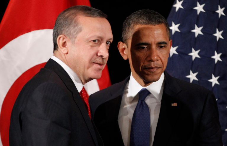 President Obama, right, stands with Prime Minister of Turkey Recep Tayyip Erdogan during their bilateral meeting in Seoul, South Korea, Sunday, March, 25, 2012. (AP Photo/Pablo Martinez Monsivais)