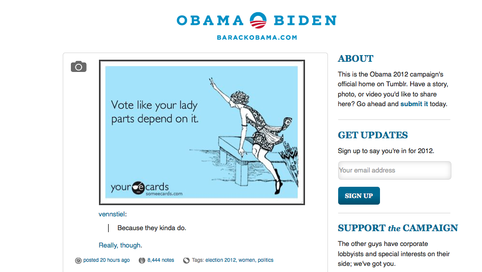 Obama campaign posts e-card: ‘Vote like your lady parts depend on it’