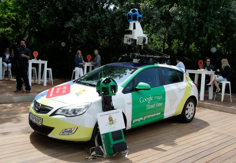 Google car is presented to the media in Athens on Thursday, June 5, 2014. Google has launched its Street View map service in Greece after winning approval from the privacy authority that blocked the ground-level map application five years ago. (AP Photo/Thanassis Stavrakis)