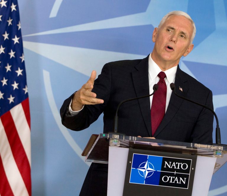 United States Vice President Mike Pence speaks during a media conference at NATO headquarters in Brussels on Monday, Feb. 20. (AP Photo/Virginia Mayo, Pool)