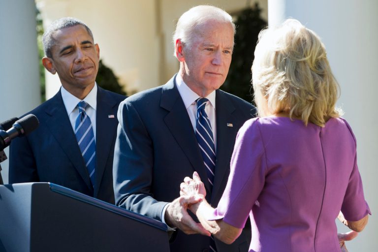 President Barack Obama watches as Vice President Joe Biden turns to his wife Dr. Jill Biden after announcing that he will not run for the presidential nomination, Wednesday, Oct. 21, 2015. (AP Photo/Jacquelyn Martin)