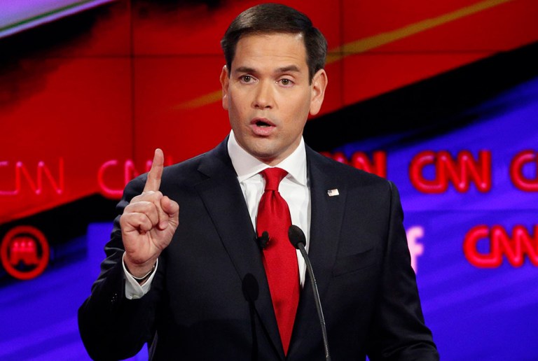 In this Dec. 15, 2015, photo, Rubio makes a point during the CNN GOP debate at the Venetian Hotel in Las Vegas. Nevada's largest daily newspaper endorsed Marco Rubio on Friday. (AP Photo/John Locher)