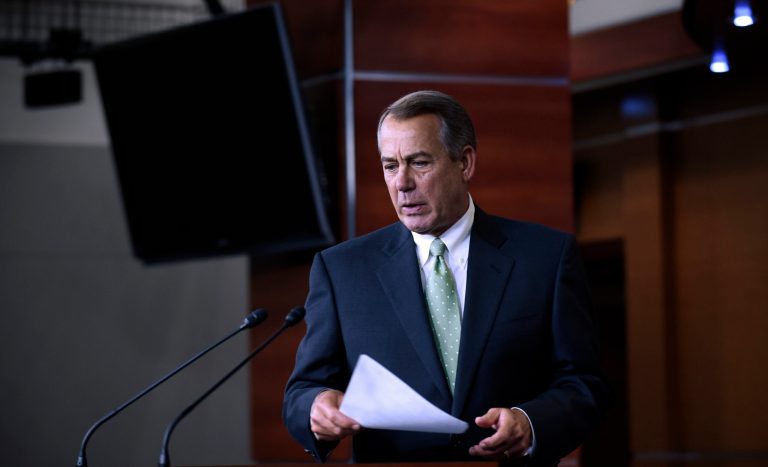 House Speaker John Boehner of Ohio arrives for a news conference on Capitol Hill in Washington, Thursday, May 21, 2015. (AP Photo/Susan Walsh)