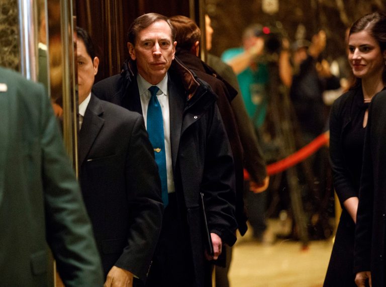 President Trump and his top advisers will talk with retired Gen. David Petraeus this week as a possible replacement for National Security Advisor Michael Flynn. (AP Photo/ Evan Vucci)