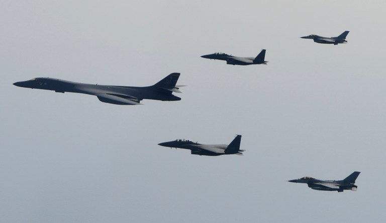 Two U.S. Air Force bombers released inert weapons Friday on a training range in South Korea. South Korean F-15 and U.S. F-16 fighter jets joined them in the drill. (Department of Defense photo)