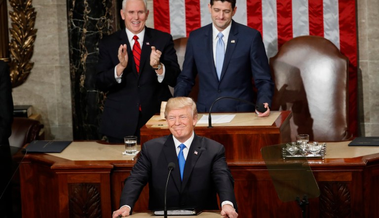 President Trump maintained a measured and optimistic tone during his first State of the Union address Tuesday night. (AP Photo/Pablo Martinez Monsivais)