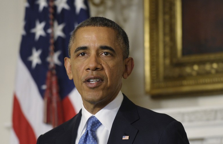 President Barack Obama speaks in the State Dining Room at the White House Saturday, Nov. 23, 2013, in Washington about the nuclear deal between six world powers and Iran that calls on Tehran to limit its nuclear activities in return for sanctions relief.(AP Photo/Susan Walsh)