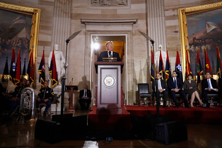 President Donald Trump speaks on Capitol Hill in Washington, Tuesday, April 25, 2017, during the United States Holocaust Memorial Museum's National Days of Remembrance ceremony. (AP Photo/Carolyn Kaster)