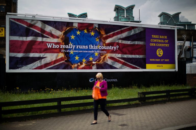 A UKIP European election billboard is displayed in the Vauxhall area of London, Tuesday, April 22, 2014.  Britain's U.K. Independence Party has launched its European election campaign with a series of billboards carrying a stark message: They are coming to take your job. 