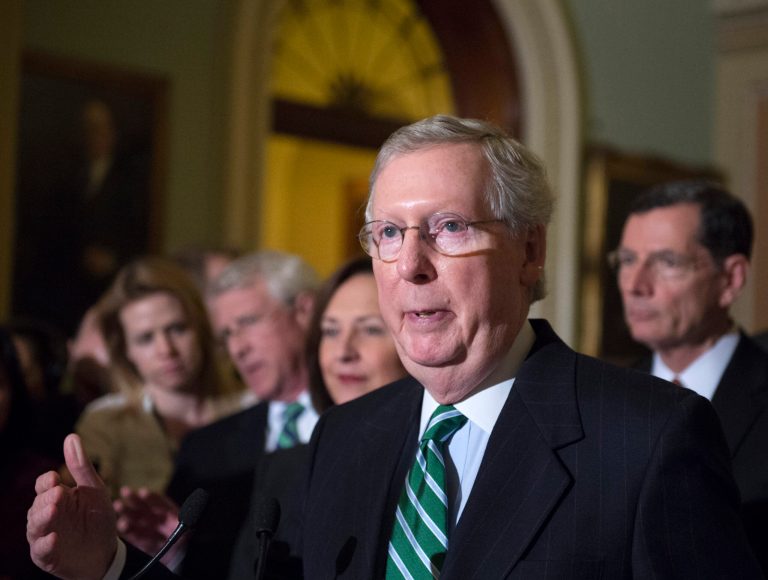 Senate Majority Leader Mitch McConnell of Ky. speaks to reporters on Capitol Hill in Washington, Tuesday, March 17, 2015, following a policy luncheon. (AP Photo/Molly Riley)