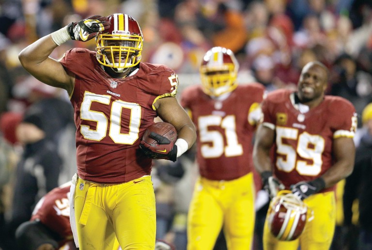 Rob Carr/Getty Images
Redskins linebacker Rob Jackson, left, had four interceptions, 4.5 sacks and two forced fumbles last season, when he started 14 games in place of injured Brian Orakpo.
