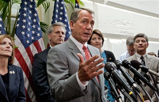 As Congress returns to work following the July 4 break and the Supreme Court decision to uphold President Obama's health care law, Speaker of the House John Boehner, R-Ohio, and other GOP House leaders face reporters after a closed-door political strategy session at the Capitol in Washington on Tuesday. (AP photo)