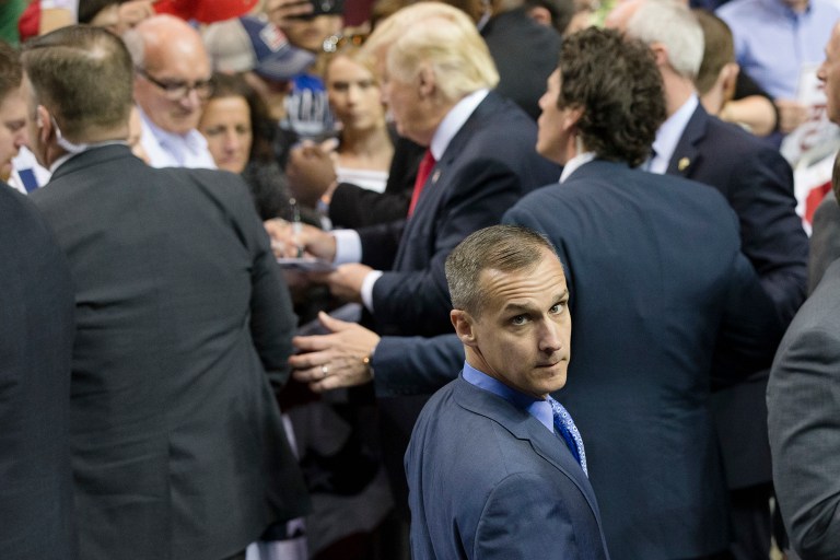 Republican presidential candidate Donald Trump's campaign manager Corey Lewandowski will now serve as the GOP front-runner's body man and scheduler, according to a report. (AP Photo/John Minchillo)