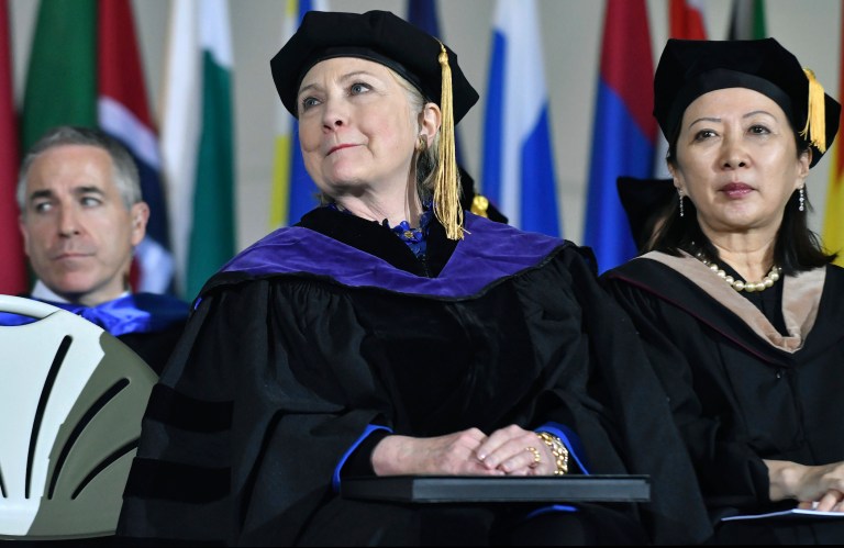 The 2016 Democratic presidential nominee used her speech to take shots at President Trump and compare him to former President Richard Nixon, who became president the same year Clinton graduated from Wellesley in 1969. (AP Photo/Josh Reynolds)