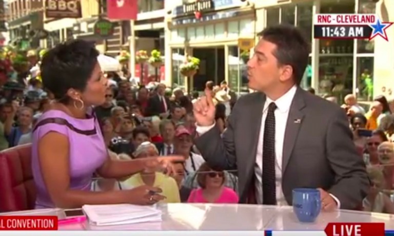 In a live interview Tuesday in Cleveland, Ohio, where Trump is set to formally accept the Republican nomination for president at the party's convention, anchor Tamron Hall grilled one of his supporters, actor Scott Baio, for a crude tweet he had previously published. (Screen shot)